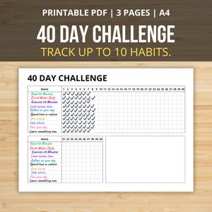 Reto de constancia de 40 días (PDF imprimible A4) / Rastreador de crecimiento personal