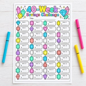 May include: A 40-Week Savings Challenge printable sheet featuring colorful gemstone illustrations, a title header, and forty individual tracking boxes labeled by week with blank lines for dollar amounts, accompanied by three markers.