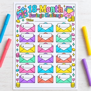 May include: A printed 18-Month Savings Challenge tracker sheet featuring a grid of colorful envelopes with dollar signs and blank lines for recording amounts, decorated with small hearts, stars, and coin illustrations.