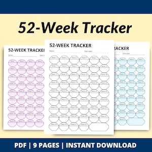 Puede incluir: Tres hojas imprimibles de seguimiento de 52 semanas con diferentes combinaciones de colores. El texto superior dice "52-Week Tracker" en negrita negra. El texto inferior dice "PDF | 9 PAGES | INSTANT DOWNLOAD".