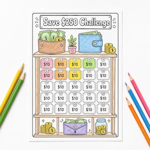 Peut inclure: Un suivi d'épargne Save $250 Challenge avec une étagère contenant un portefeuille marron, un portefeuille bleu, une plante en pot et des pièces. Vingt-cinq cases marquées $10 sont présentes, certaines colorées. L'étagère inférieure contient un portefeuille violet.
