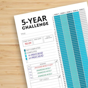 May include: A white 5-Year Challenge planner with a grid for tracking goals. The planner includes sections for start and end dates, and rewards. The text "I'm giving myself a gift" is visible. The start date is 10.04.