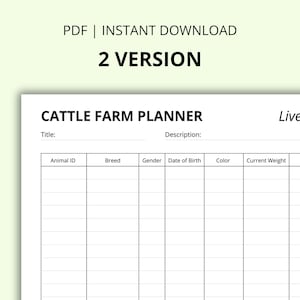 Op de afbeelding: Een afdrukbare veeboerplanner met velden voor dier-ID, ras, geslacht, geboortedatum, kleur en huidig gewicht. Het document is getiteld "CATTLE FARM PLANNER" en is beschikbaar als direct PDF-download.