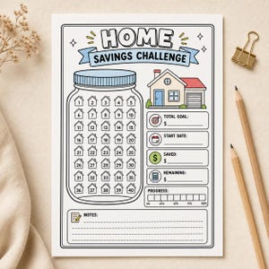 May include: A printed Home Savings Challenge tracker sheet featuring a large jar illustration with 40 numbered house icons, a house graphic, and sections for total goal, start date, saved, remaining, progress bar, and notes with lines.