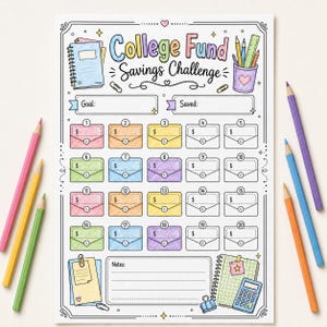 May include: A College Fund Savings Challenge printable tracker featuring colorful hand-drawn illustrations of envelopes, a notebook, a pencil cup, and a calculator. The page includes spaces for a goal, saved amount, and notes, with twenty numbered envelope icons.