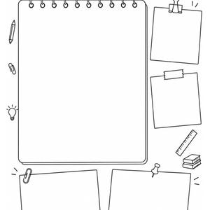 May include: A black and white Study Goals Vision Board template featuring a large spiral-bound notebook, four blank rectangular note spaces, and various school-themed line art icons including books, a graduation cap, a pencil, and a ruler.