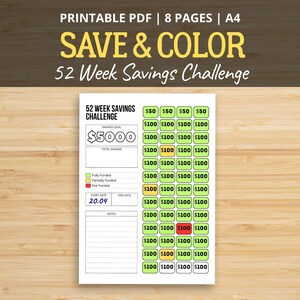 May include: A printable PDF savings challenge with the text "SAVE & COLOR" and "52 Week Savings Challenge." The design includes a savings goal of $5000, with boxes to color in as savings milestones are met. The start date is 20.04.