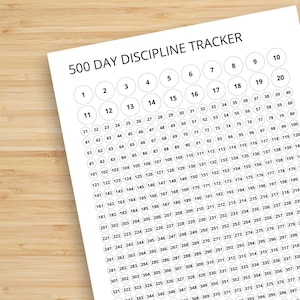 以下が含まれることがあります： 白い500日間の規律トラッカーが紙に印刷されています。トラッカーは、進捗状況をマークするための、1から500までの番号付きの円のグリッドを備えています。「500 DAY DISCIPLINE TRACKER」というタイトルが上部にあります。