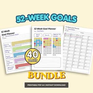 May include: A bundle of three printable 52-Week Goal Planners. The planners include sections for tracking habits like reading, saving money, and walking. The bundle includes 40 pages and is available as a printable PDF A4.