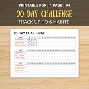 May include: A printable PDF habit tracker with a 90-day challenge layout. The white sheet features a grid to track up to six habits, with space for daily checkmarks. The title "90 DAY CHALLENGE" is in a yellow, bold font.