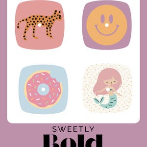 K&ouml;nnte beinhalten: Quadratische Grafik mit vier Illustrationen: Leopard, Smiley, Donut und Meerjungfrau. Der Text "SWEETLY BOLD DIABETES" befindet sich unten. Hintergrund in Lila.