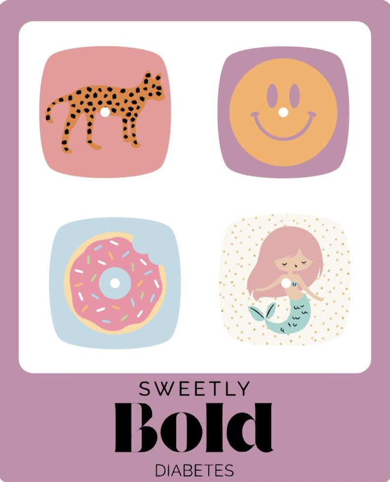 K&ouml;nnte beinhalten: Quadratische Grafik mit vier Illustrationen: Leopard, Smiley, Donut und Meerjungfrau. Der Text "SWEETLY BOLD DIABETES" befindet sich unten. Hintergrund in Lila.