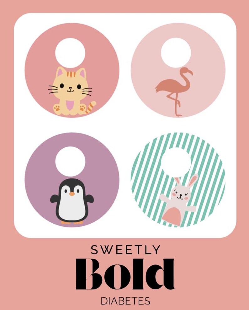 May include: A graphic design featuring four circles with animal illustrations: a cat, flamingo, penguin, and bunny. The text "SWEETLY BOLD DIABETES" is displayed in a bold font at the bottom, with a pink background.