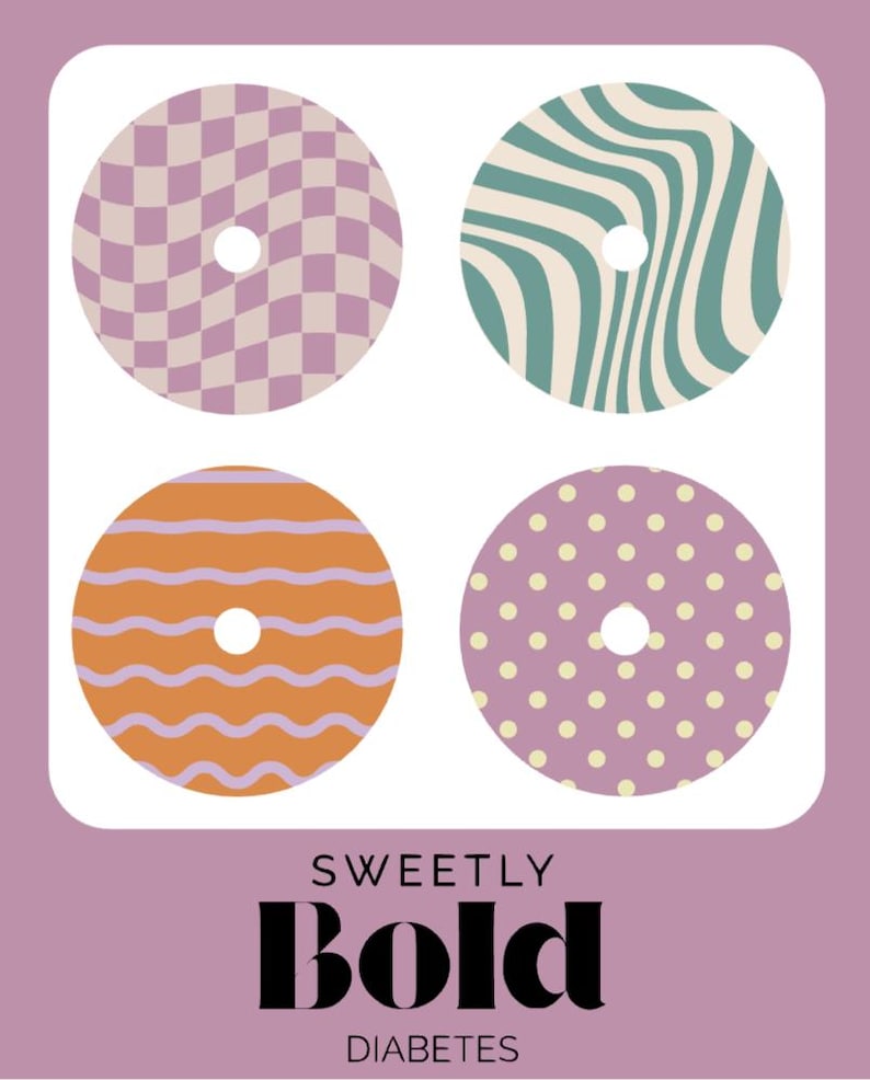 May include: Four circular designs with different patterns: checkered, wavy, striped, and dotted. The designs are in shades of purple, orange, and teal. The text "SWEETLY BOLD DIABETES" is at the bottom.