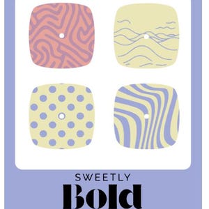 Puede incluir: Dise&ntilde;o gr&aacute;fico con cuatro cuadrados de esquinas redondeadas, cada uno con un patr&oacute;n &uacute;nico: remolinos, l&iacute;neas onduladas y lunares en colores pastel. El texto "SWEETLY Bold DIABETES" se muestra en la parte inferior.