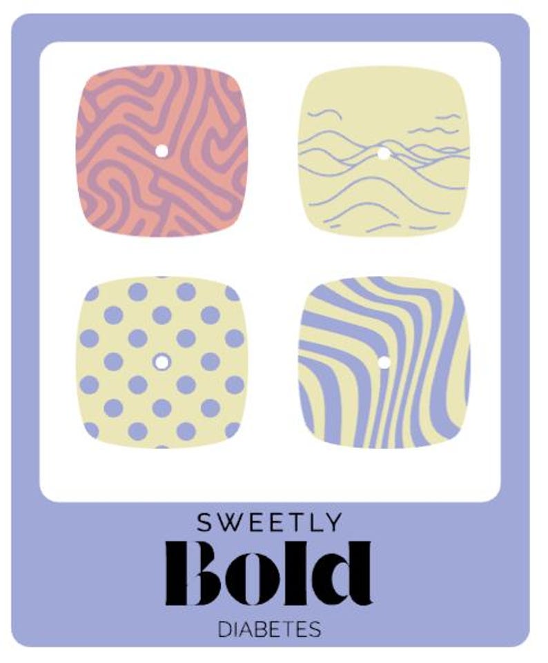 Puede incluir: Dise&ntilde;o gr&aacute;fico con cuatro cuadrados de esquinas redondeadas, cada uno con un patr&oacute;n &uacute;nico: remolinos, l&iacute;neas onduladas y lunares en colores pastel. El texto "SWEETLY Bold DIABETES" se muestra en la parte inferior.