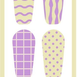 May include: A graphic featuring four nail art designs in a light yellow and purple color scheme. The designs include wavy lines, vertical stripes, a grid pattern, and polka dots. The text "SWEETLY Bold DIABETES" is at the bottom.