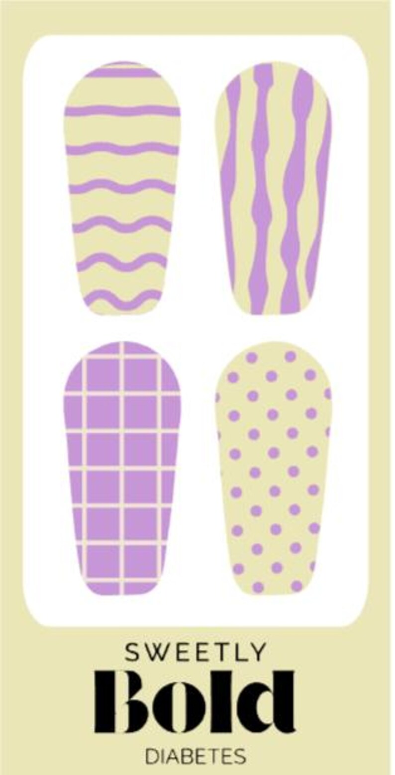 May include: A graphic featuring four nail art designs in a light yellow and purple color scheme. The designs include wavy lines, vertical stripes, a grid pattern, and polka dots. The text "SWEETLY Bold DIABETES" is at the bottom.