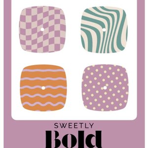 May include: A graphic design featuring four square, rounded-corner shapes with different patterns: checkered, wavy lines, horizontal lines, and polka dots. The text "SWEETLY BOLD DIABETES" is displayed below the shapes.
