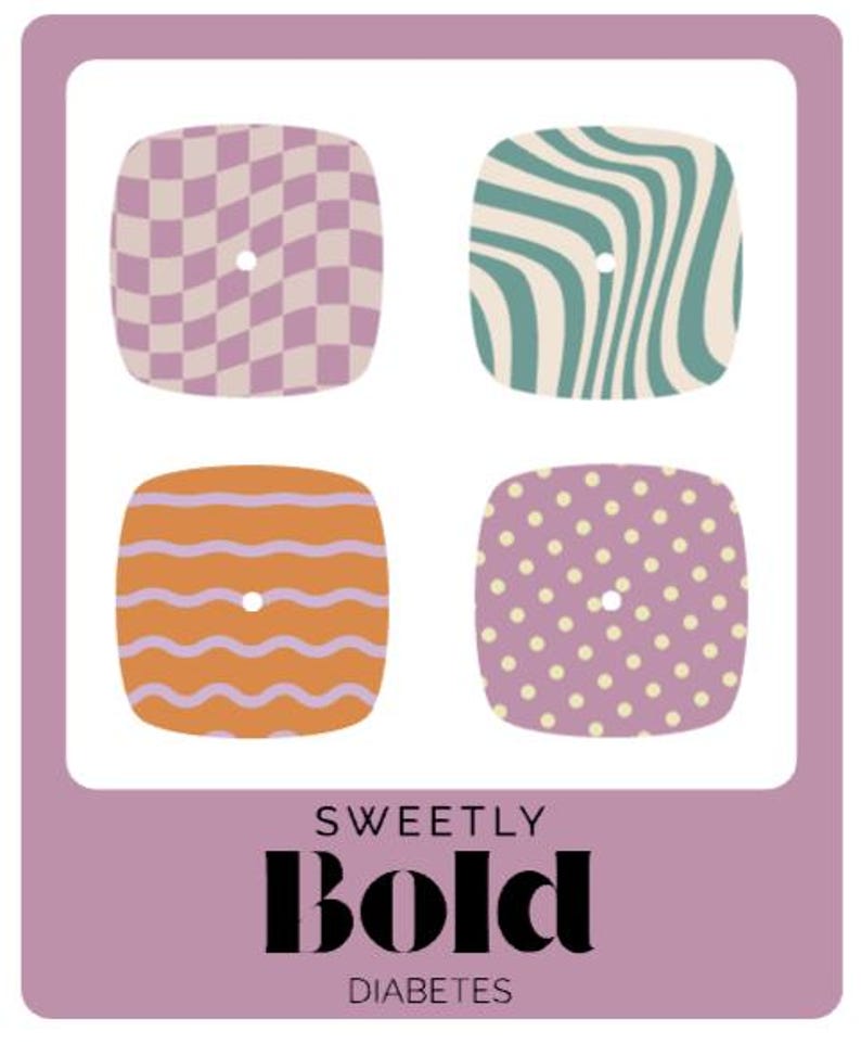 May include: A graphic design featuring four square, rounded-corner shapes with different patterns: checkered, wavy lines, horizontal lines, and polka dots. The text "SWEETLY BOLD DIABETES" is displayed below the shapes.