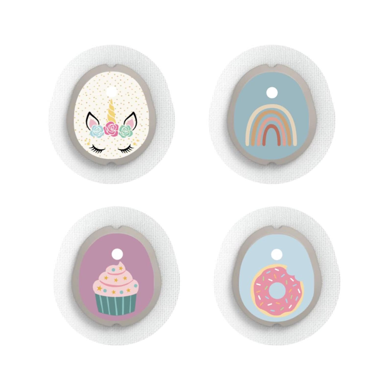 Dexcom G7 Sensor Stickers Diabetes Kids: Unicorn, Rainbow, Cupcake & Donut - Set of 4
