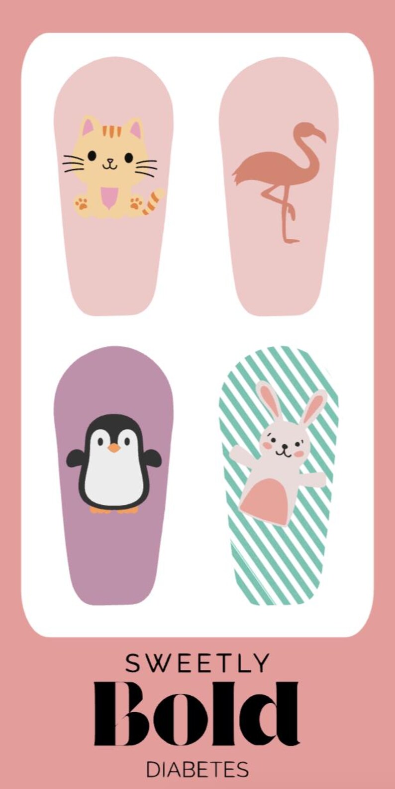 Op de afbeelding: Een roze en witte afbeelding met vier illustraties: een kat, een flamingo, een pingu&iuml;n en een konijn. De tekst "Sweetly Bold Diabetes" staat onderaan. De illustraties staan op een roze achtergrond.