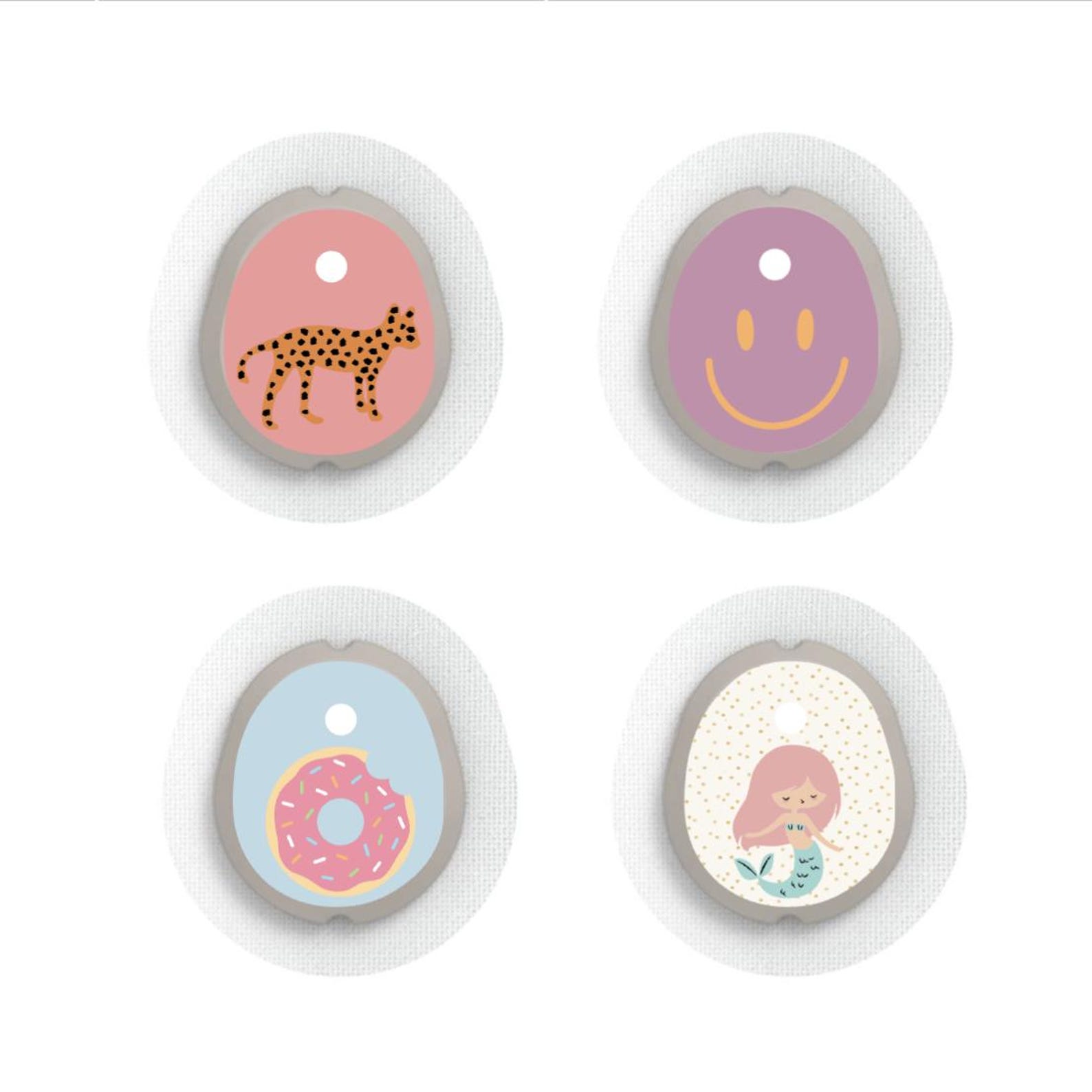 Dexcom G7 Sensor Stickers Diabetes Kids: Leopard, Smiley, Donut, Mermaid - Set of 4