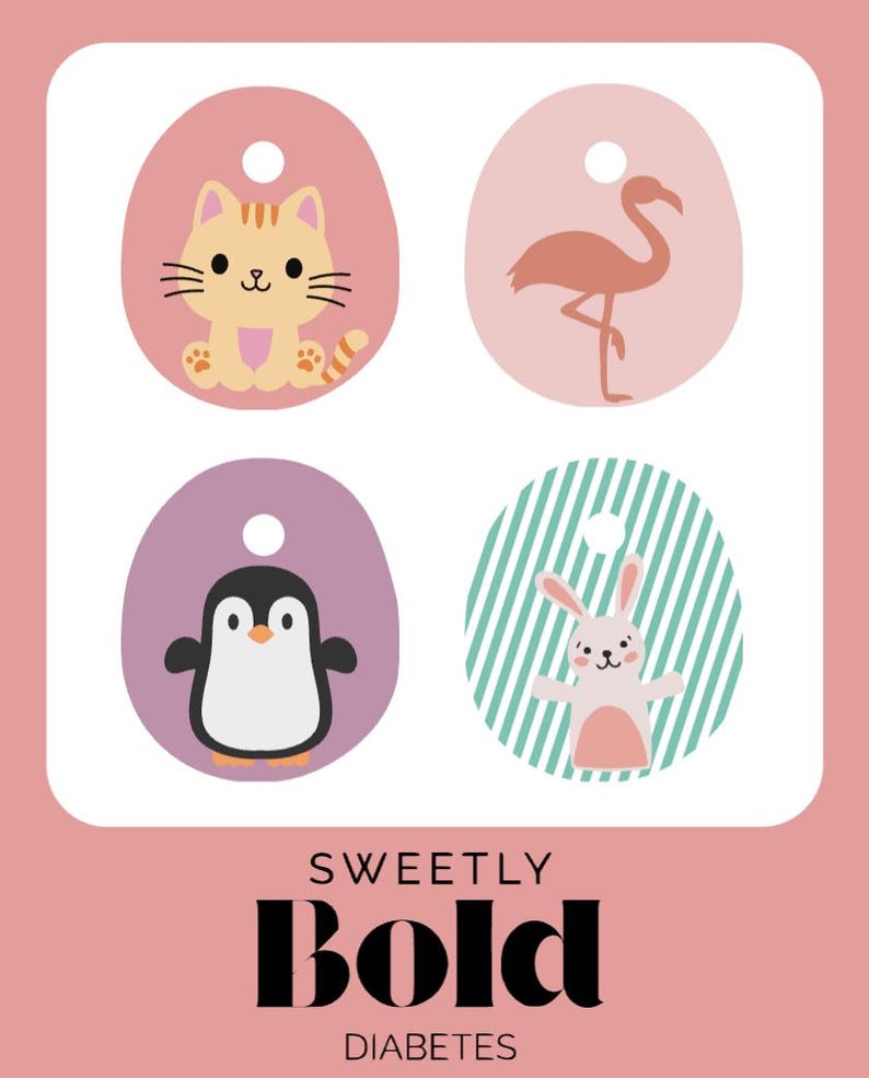 May include: Four decorative tags with animal illustrations. A cat, flamingo, penguin, and bunny are featured on oval-shaped tags. The tags are in pastel colors, with a pink background and the text "SWEETLY BOLD DIABETES" at the bottom.