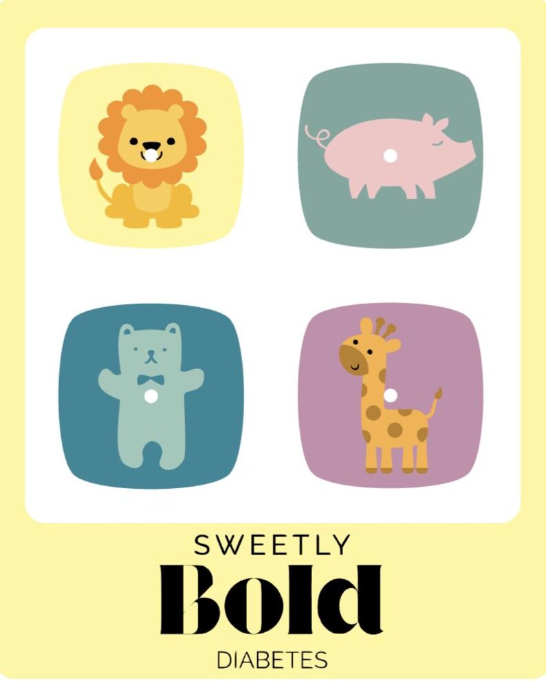 Pu&ograve; includere: Grafica con quattro animali dei cartoni animati: un leone, un maiale, un orso e una giraffa. Il testo "SWEETLY BOLD DIABETES" &egrave; in basso. Gli animali sono su quadrati colorati su sfondo giallo.