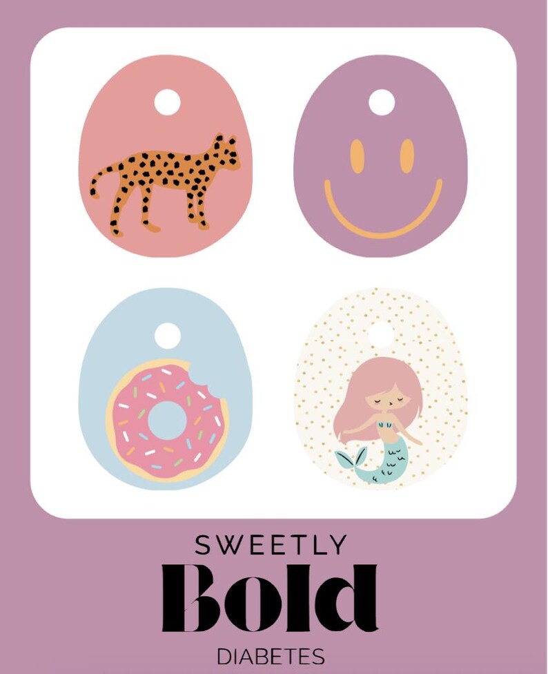 May include: Four colorful, oval-shaped tags with illustrations. One features a leopard, another a smiley face, a third a donut, and the last a mermaid. The text "SWEETLY BOLD DIABETES" is at the bottom.