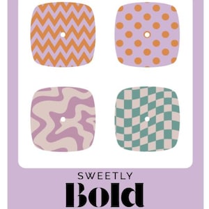 May include: Four square-shaped designs with rounded corners, each featuring a unique pattern: orange zigzags, purple polka dots, swirling beige and purple, and a green and white checkerboard. The text "SWEETLY Bold DIABETES" is displayed below.