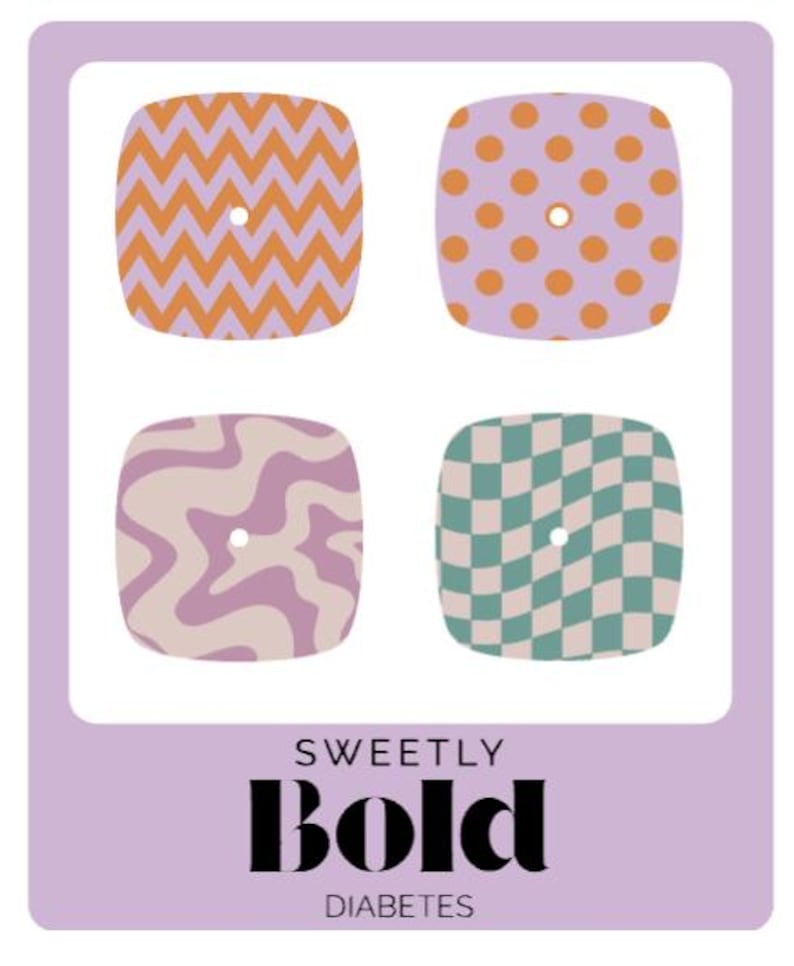 May include: Four square-shaped designs with rounded corners, each featuring a unique pattern: orange zigzags, purple polka dots, swirling beige and purple, and a green and white checkerboard. The text "SWEETLY Bold DIABETES" is displayed below.