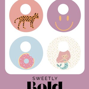 K&ouml;nnte beinhalten: Vier kreisf&ouml;rmige Designs mit Illustrationen eines Geparden, eines Smiley-Gesichts, eines Donuts und einer Meerjungfrau. Der Text "SWEETLY BOLD DIABETES" wird fett am unteren Rand des Bildes angezeigt.