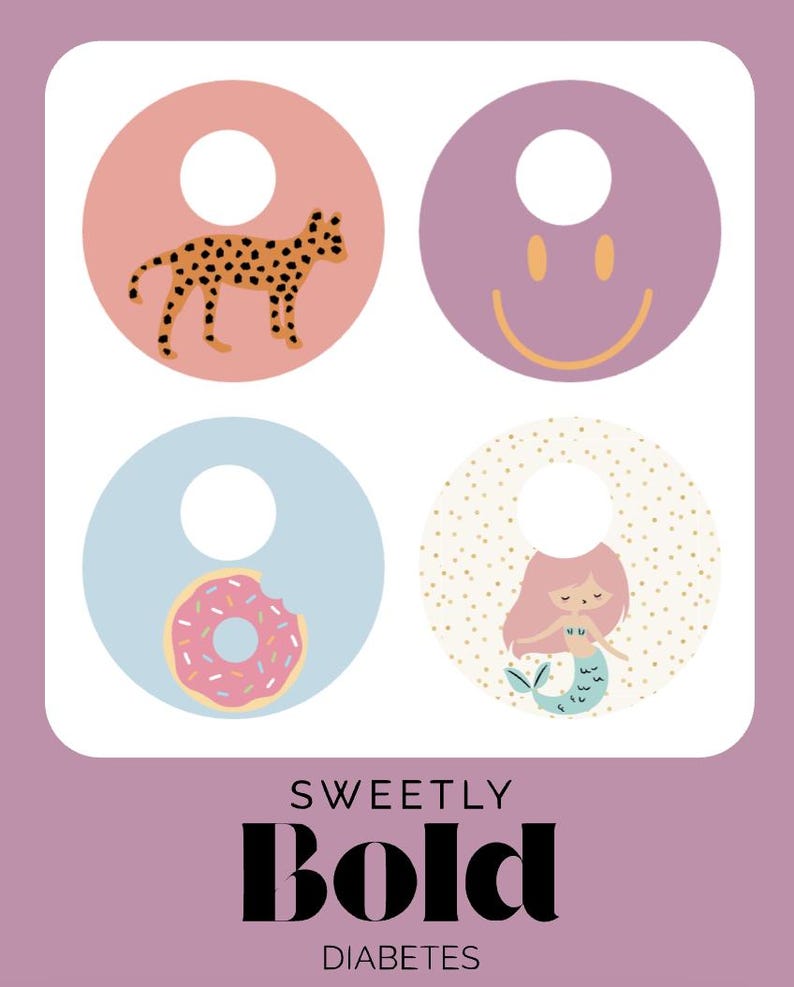 K&ouml;nnte beinhalten: Vier kreisf&ouml;rmige Designs mit Illustrationen eines Geparden, eines Smiley-Gesichts, eines Donuts und einer Meerjungfrau. Der Text "SWEETLY BOLD DIABETES" wird fett am unteren Rand des Bildes angezeigt.