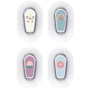 May include: Four adhesive patches with decorative designs. One features a unicorn, another a rainbow, a cupcake, and a donut. Each patch is white with a gray border and a clear, oval-shaped center.