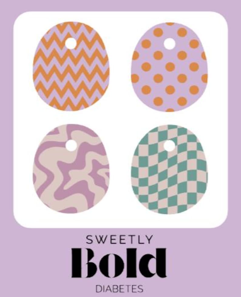 May include: Four egg-shaped tags with different patterns: orange zigzags, orange polka dots, pink swirls, and green and white checkerboard. Each tag has a hole at the top. The text "SWEETLY BOLD DIABETES" is below the tags.