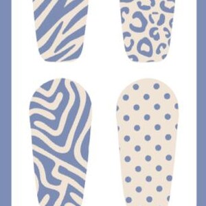 May include: Four nail art designs in a vertical arrangement. The designs include zebra stripes, leopard spots, and polka dots in blue and cream colors. The text "SWEETLY BOLD DIABETES" is at the bottom.