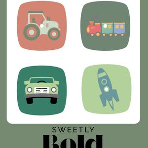 May include: A card with four colorful illustrations: a tractor, a train, a car, and a rocket. The text "SWEETLY Bold DIABETES" is displayed in a bold font at the bottom of the card.