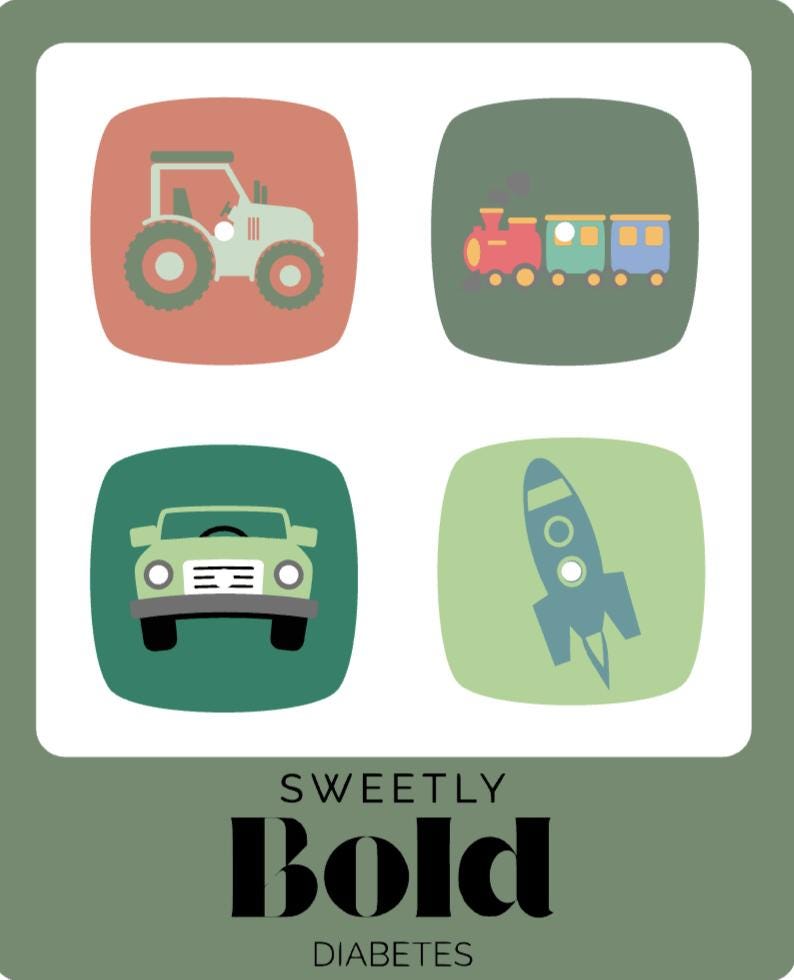 May include: A card with four colorful illustrations: a tractor, a train, a car, and a rocket. The text "SWEETLY Bold DIABETES" is displayed in a bold font at the bottom of the card.