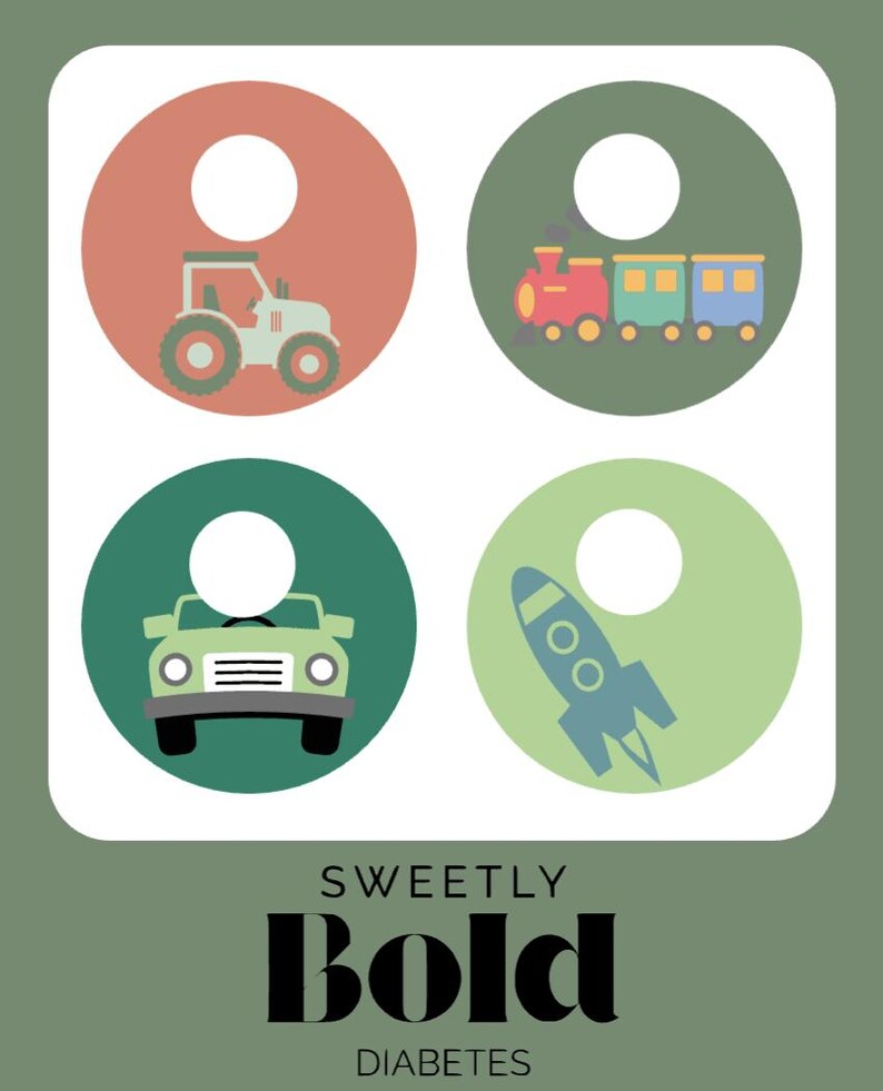 K&ouml;nnte beinhalten: Grafische Darstellung mit vier kreisf&ouml;rmigen Illustrationen, die einen Traktor, einen Zug, ein Auto und eine Rakete zeigen. Der Text "SWEETLY BOLD DIABETES" ist darunter abgebildet. Die Farbpalette umfasst Gr&uuml;n-, Rot- und Blaut&ouml;ne.