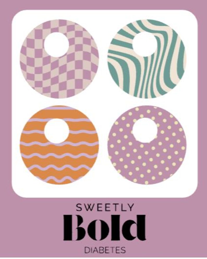 Peut inclure: Quatre motifs en forme de donut avec des motifs vari&eacute;s : carreaux, rayures ondul&eacute;es, vagues oranges et pois. Le texte "SWEETLY BOLD DIABETES" est affich&eacute; en dessous, le tout sur un fond violet.