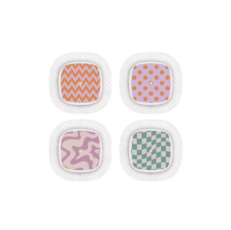 May include: Four adhesive patches with patterned designs. The patterns include orange zigzags, purple polka dots, a wavy design in pink and purple, and a green and white checkerboard. Each patch has a white, textured border.