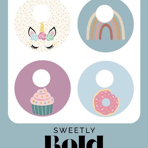 May include: Four circular designs on a pale blue background. The designs feature a unicorn face, a rainbow, a cupcake, and a donut. The text "SWEETLY BOLD DIABETES" is displayed at the bottom of the image.