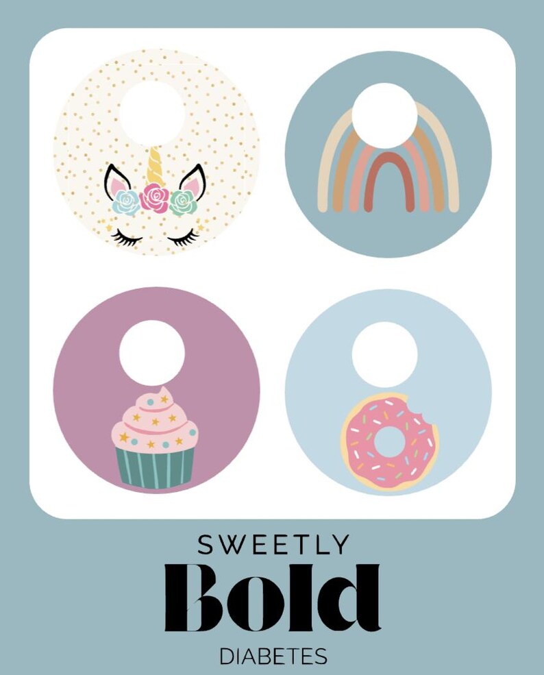 May include: Four circular designs on a pale blue background. The designs feature a unicorn face, a rainbow, a cupcake, and a donut. The text "SWEETLY BOLD DIABETES" is displayed at the bottom of the image.