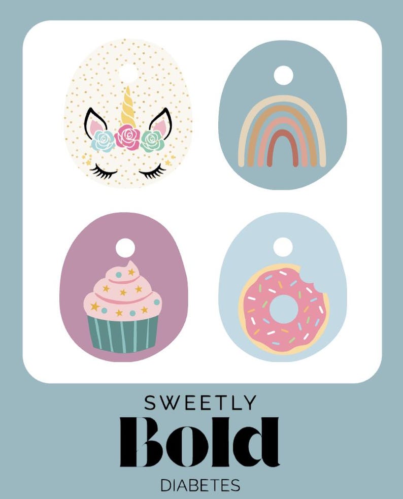 May include: Four illustrated tags. One shows a unicorn face with flowers, another a rainbow, a cupcake, and a bitten donut. The text "SWEETLY BOLD DIABETES" is at the bottom of the image.