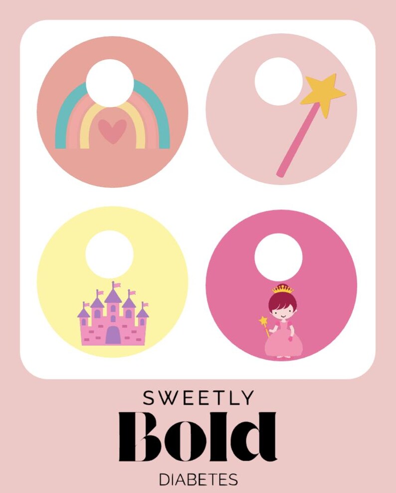 Pode incluir: Um design gr&aacute;fico rosa e branco com quatro ilustra&ccedil;&otilde;es circulares. As ilustra&ccedil;&otilde;es incluem um arco-&iacute;ris, uma varinha m&aacute;gica, um castelo e uma princesa. O texto "SWEETLY Bold DIABETES" est&aacute; na parte inferior.