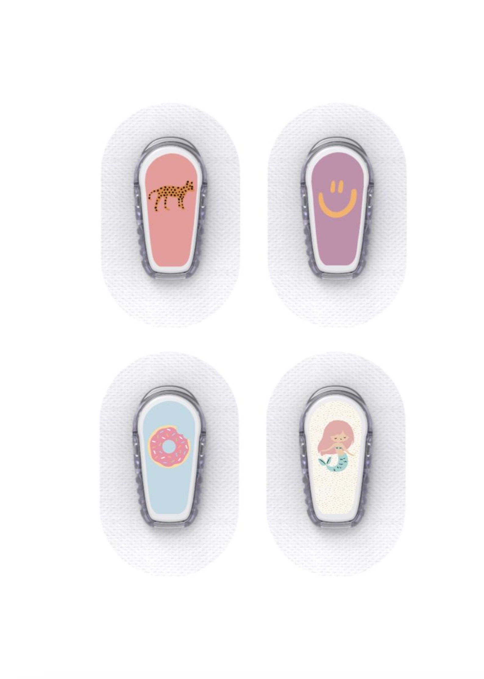 Dexcom G6 Sensor Stickers Diabetes Kids: Leopard, Smiley, Donut, Mermaid - Set of 4