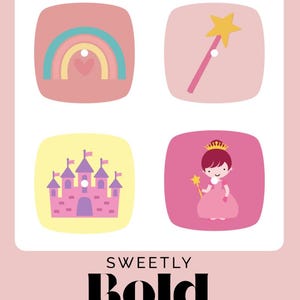 Pode incluir: Gr&aacute;fico rosa com quatro ilustra&ccedil;&otilde;es quadradas: um arco-&iacute;ris, uma varinha m&aacute;gica, um castelo e uma princesa. O texto "SWEETLY Bold DIABETES" est&aacute; na parte inferior em negrito preto.