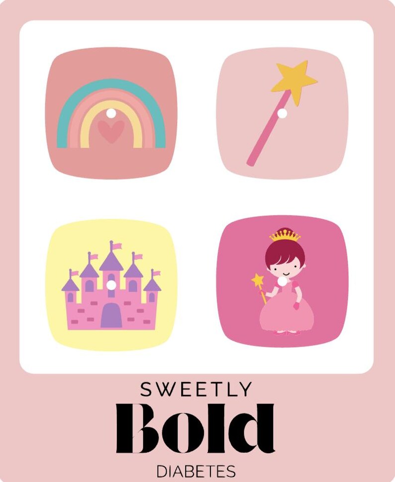 Pode incluir: Gr&aacute;fico rosa com quatro ilustra&ccedil;&otilde;es quadradas: um arco-&iacute;ris, uma varinha m&aacute;gica, um castelo e uma princesa. O texto "SWEETLY Bold DIABETES" est&aacute; na parte inferior em negrito preto.