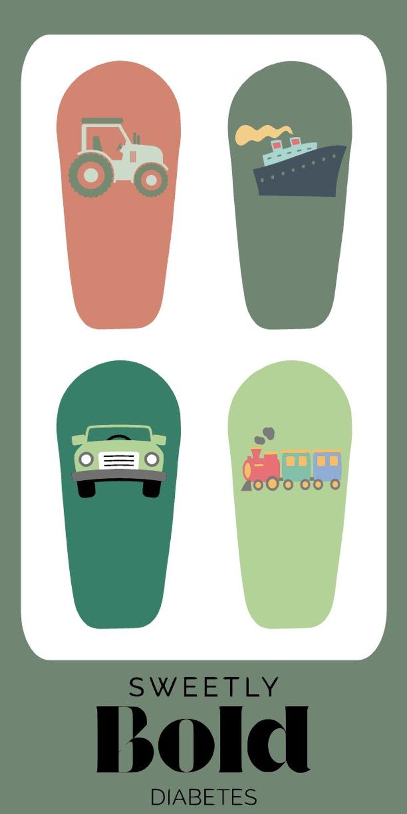 Puede incluir: Gr&aacute;fico vertical con cuatro ilustraciones estilizadas de veh&iacute;culos: un tractor, un barco, un coche y un tren. El texto "SWEETLY BOLD DIABETES" est&aacute; en la parte inferior. El fondo es verde apagado.